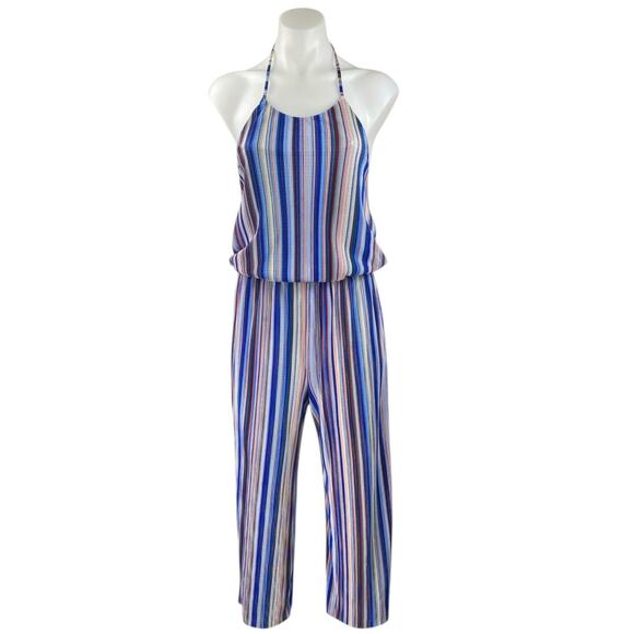 Aqua Women's Multicolor Striped Halter Cami Camisole Wide Leg Romper Jumpsuit XS - Picture 1 of 4